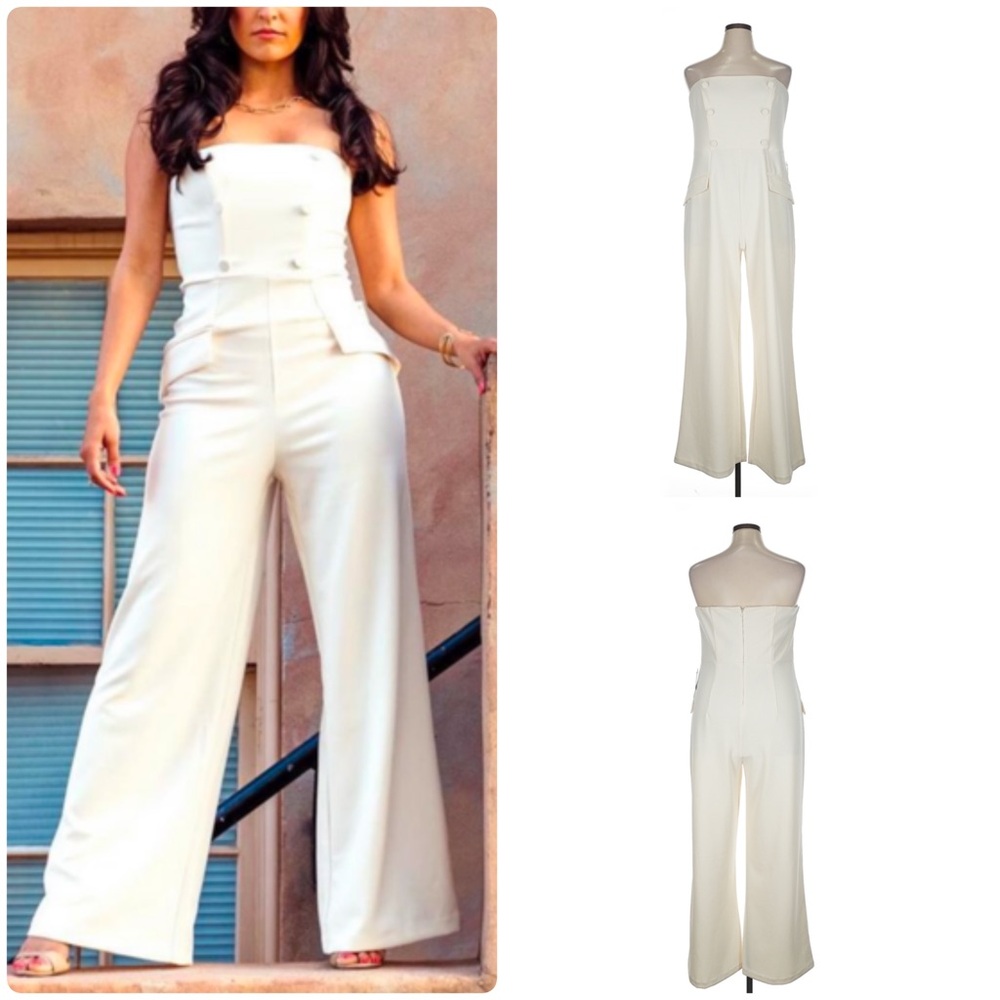 Express Strapless Double Breasted Wide Leg White/Ivory Jumpsuit XL